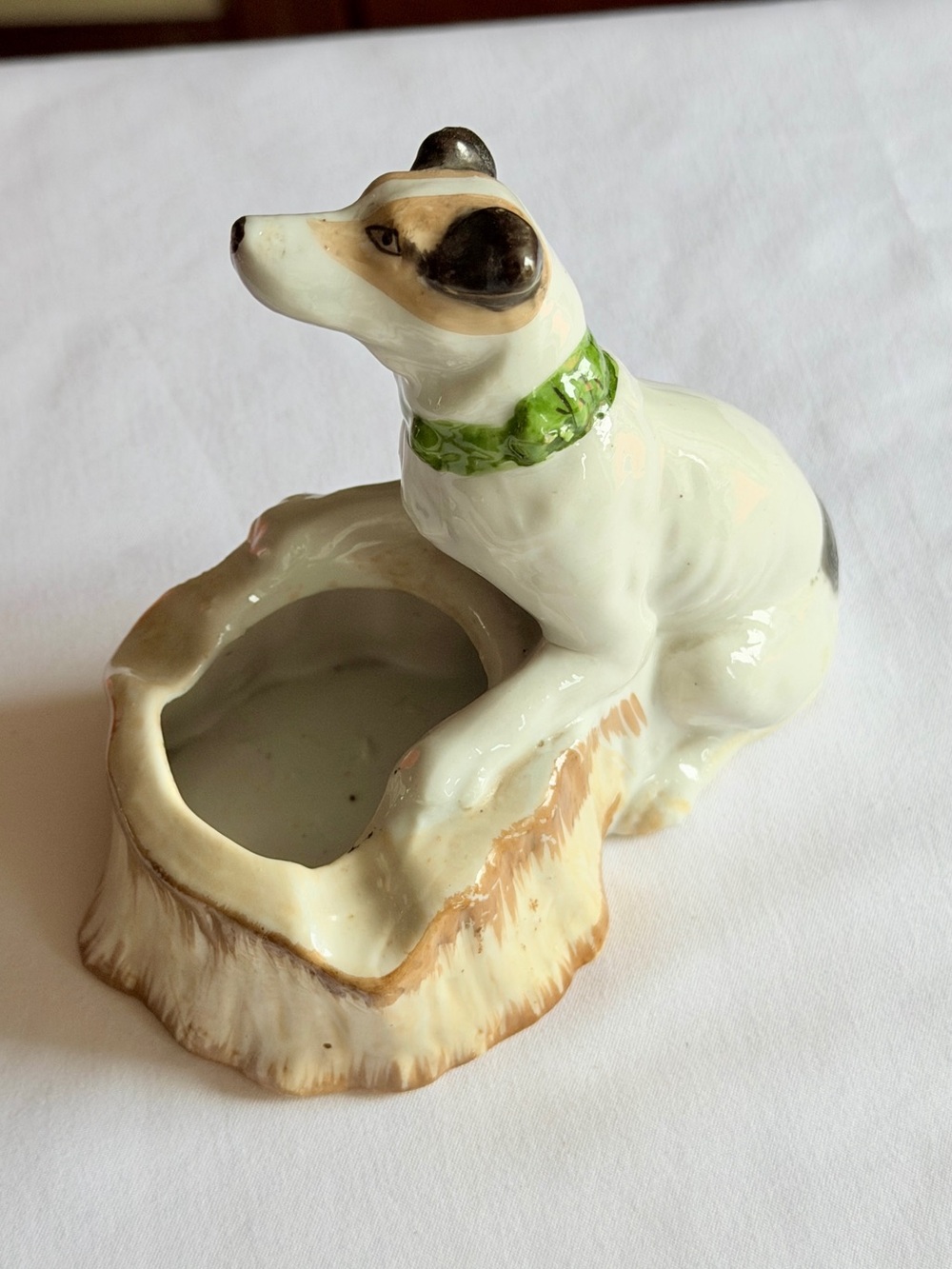 Vintage Ceramic Dog Ashtray Figurine Green Collar 5.5” Unmarked